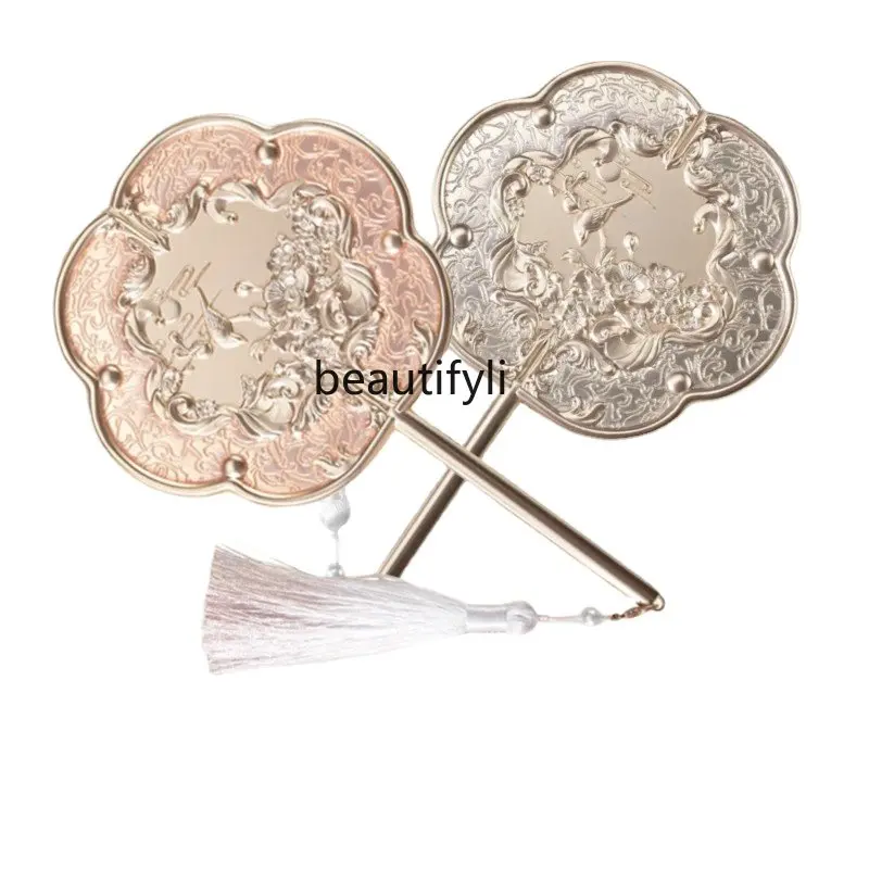 

yj Ancient Style Han Chinese Clothing Photography Props Flowers Know Flower God Circular Fan Alloy Hand Mirror Makeup Mirror