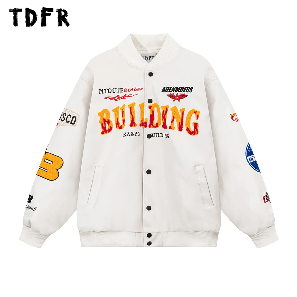 

Embroidery Quilted Jacket PU Leather Mens Winter Casual Loose Lapel Single Breasted Motorcycle Jacket Men Outerwear