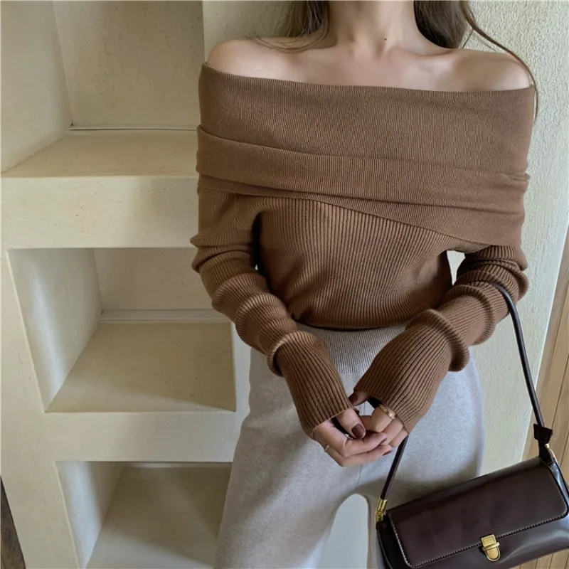 

Sexy Slash Off The Shoulder Knitted Tops Slim Wild Elegant 2022 New Fall Y2k Tops Long Sleeve Black T Shirt for Women Sweaters