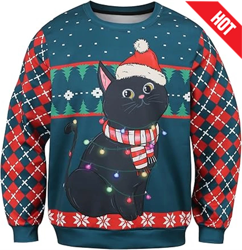 Fashionable 2025 Ugly Christmas Sweater Funny Cat Dog Pattern Sweatshirts Men Cosplay Pullover Boys Crew Neck Sweaters