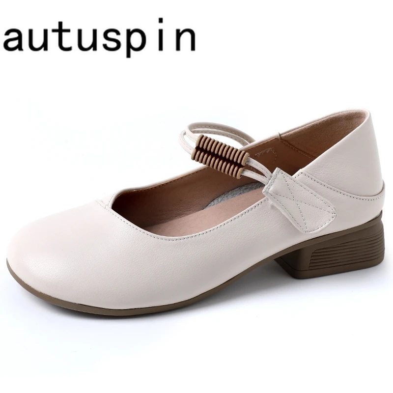 

AUTUSPIN 3cm Cow Genuine Leather Summer Pumps Ladies Office Big Size Casual Cozy Loafers Women Retro Shallow Shoes Daily Working