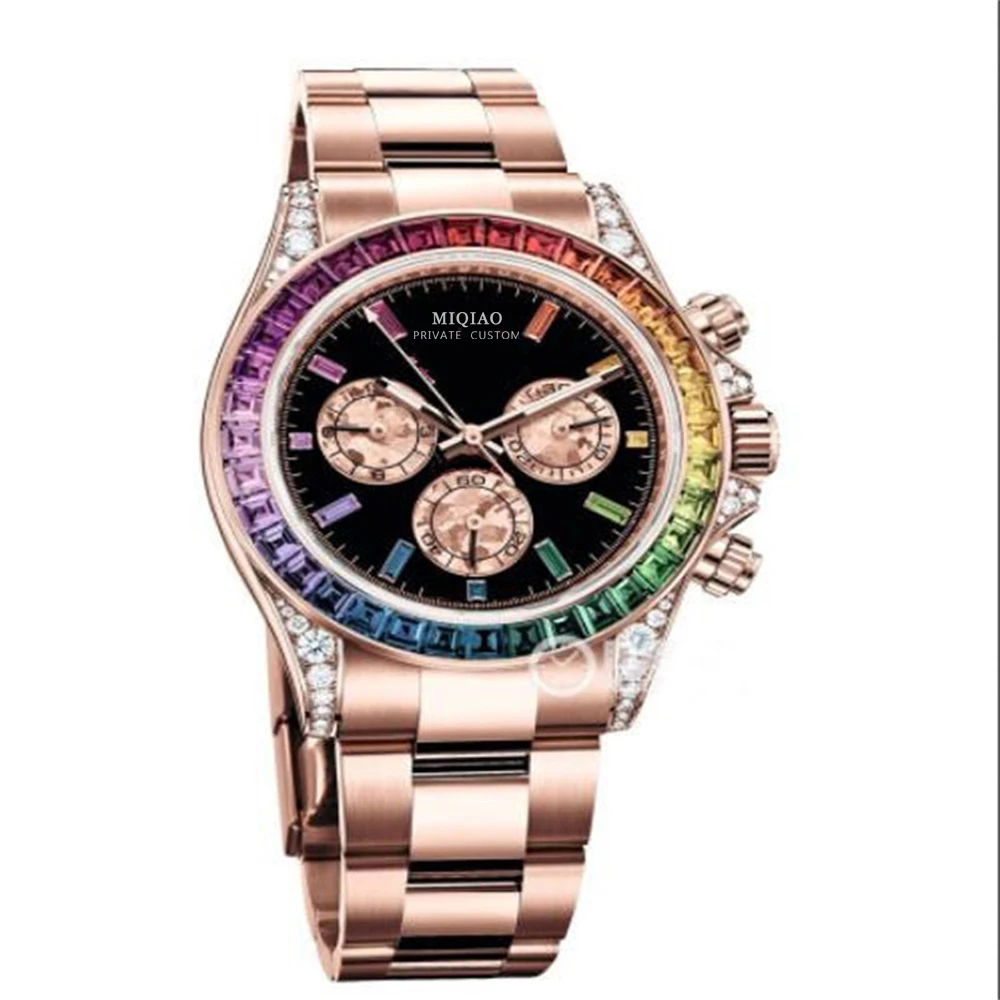 

Luxury Watch Mens 40mm 116505 Solid Rose Gold Black Gold Dial Rainbow Bezel Steel Bracelet Automatic Fashion Men Wristwatches