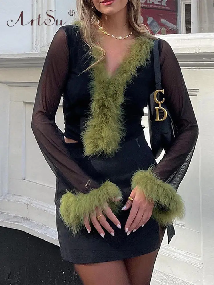 

Женский укороченный Кардиган с длинным рукавом ArtSu, модный плюшевый облегающий кардиган с вырезом лодочкой и расклешенными рукавами, футбо...