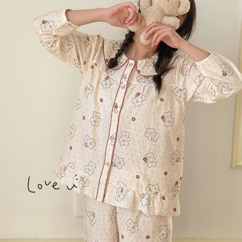 New Pajamas for Women's Spring and Summer Long-sleeved  with Round Neck  Cute Suit Soft Comfortable and Breathable Home Service