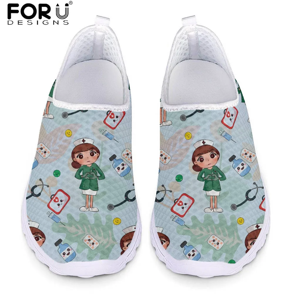 

FORUDESIGNS Loafers for Ladies Shoes Cute Cartoon Hospital Nurse Pattern Mesh Sneakers Shoe Women Slip-on Flat Shoes Footwear