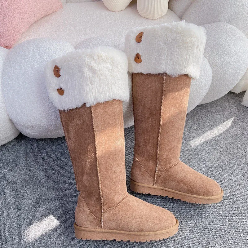 

Woman Flat Boots Australia Winter Footwear Sexy Thigh High Heels High Sexy Shoes Round Toe Boots-Women Plush Luxury Designer Lo