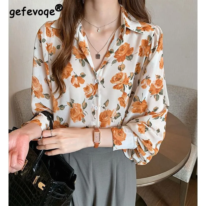 Floral Printed Shirts Women's Spring Summer New Vintage Loose Casual Tops Ladies Long-sleeve Turndown Collar Chiffon 4XL Blouse