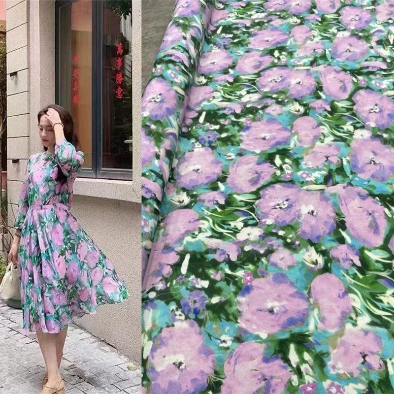 

Fashionable Oil Painting Style Printing Elastic Crepe De Chine Silk Fabric High Quality DIY Shirt Dress Sewing Materials Cloth