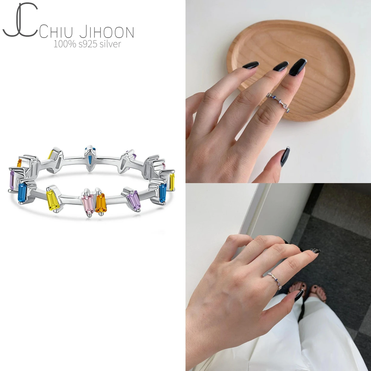 

S925 Sterling Silver Colored Zircon Geometric Rings Blue Diamond Rings Stacking Women Jewelry Engagement Gift Wholesale