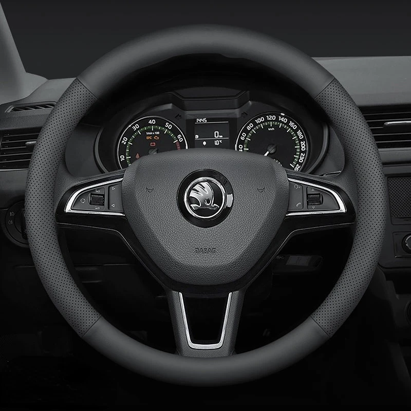 

Кожаный чехол на руль для Skoda Octavia SUPERB Fabia KAROQ Rapid KamIq Kodiaq Ультратонкий дышащий интерьер автомобиля