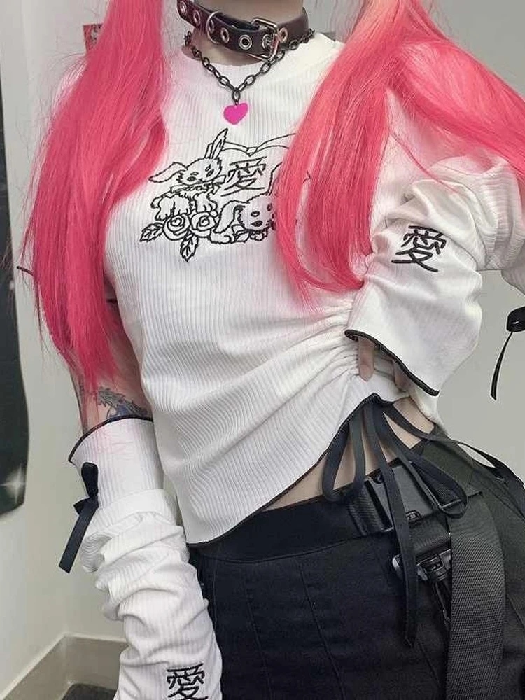 

QWEEK Gothic Harajuku Crop T Shirts Y2k Egirl Korean Fashion Tees Mall Goth Tops Cropped 2022 Summer Kpop Alt Clothes 2000s