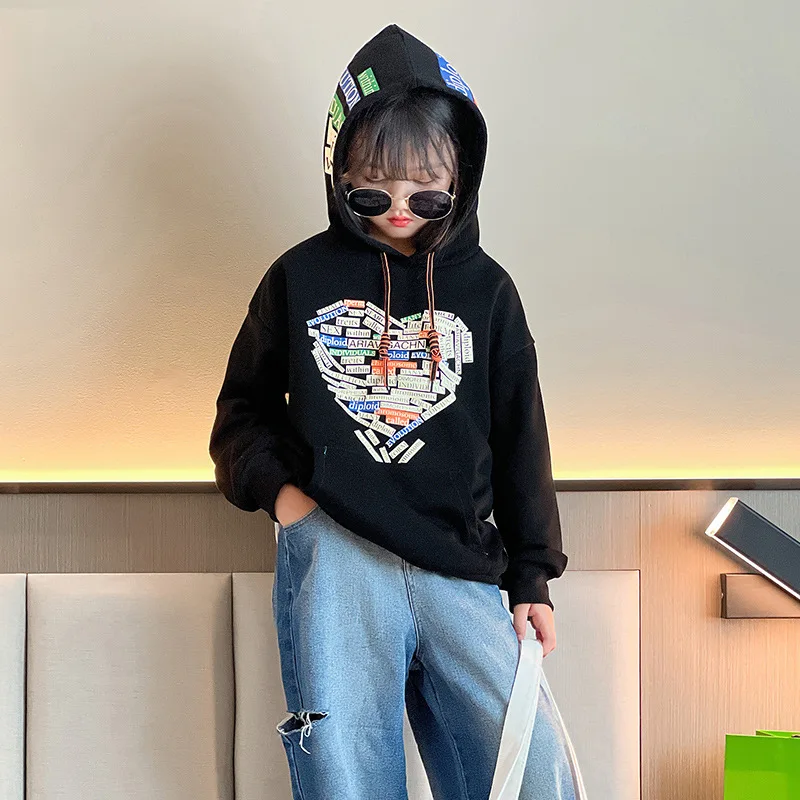 

Teen Girls Clothes Spring Autumn Fashion Hooded Hoodies Letter Print Heart Design Tops Children PulloversLoose Sweatshirt 4-14 Y