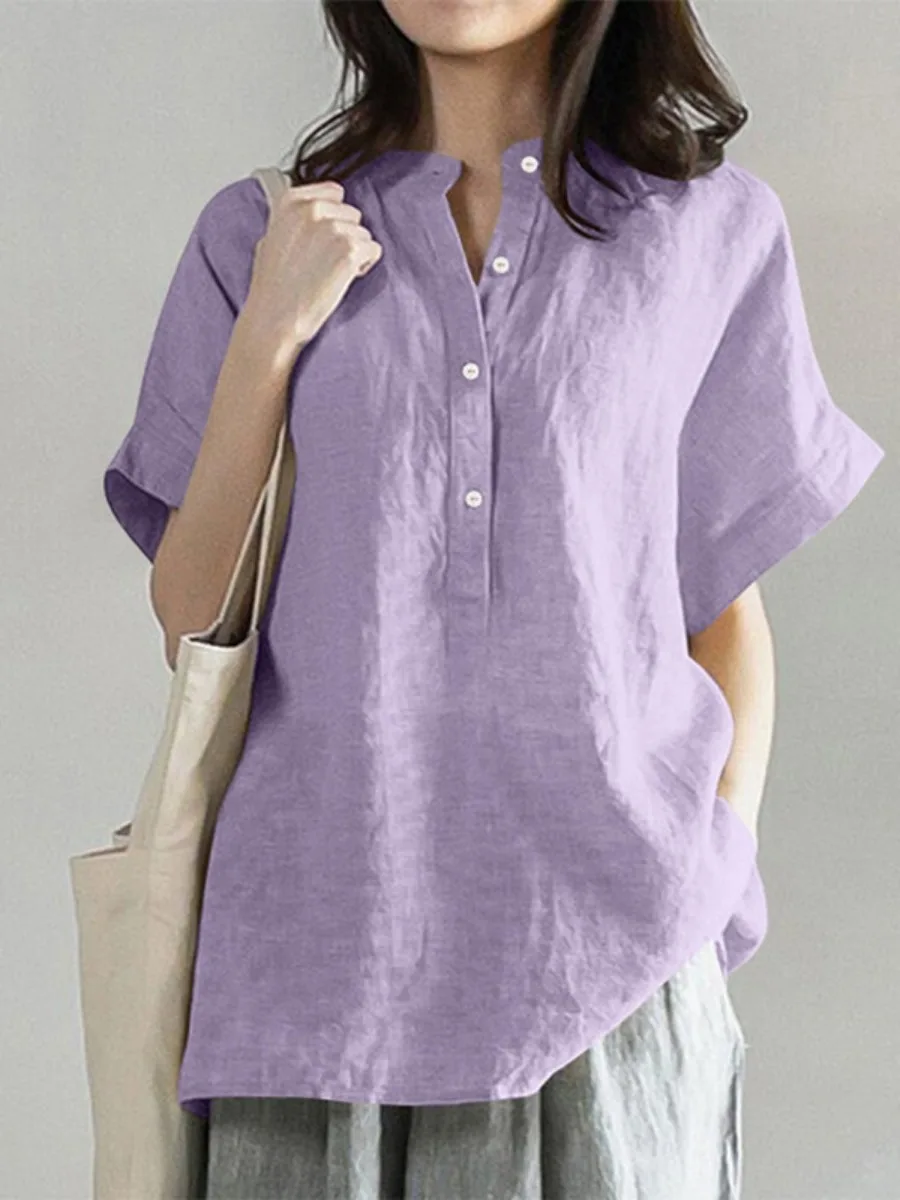 

Cotton Linen Blouse Women Clothes Casual Solid Short Sleeve Loose Fit Tops Vintage Raglan Sleeve Women's Blouses Blusas