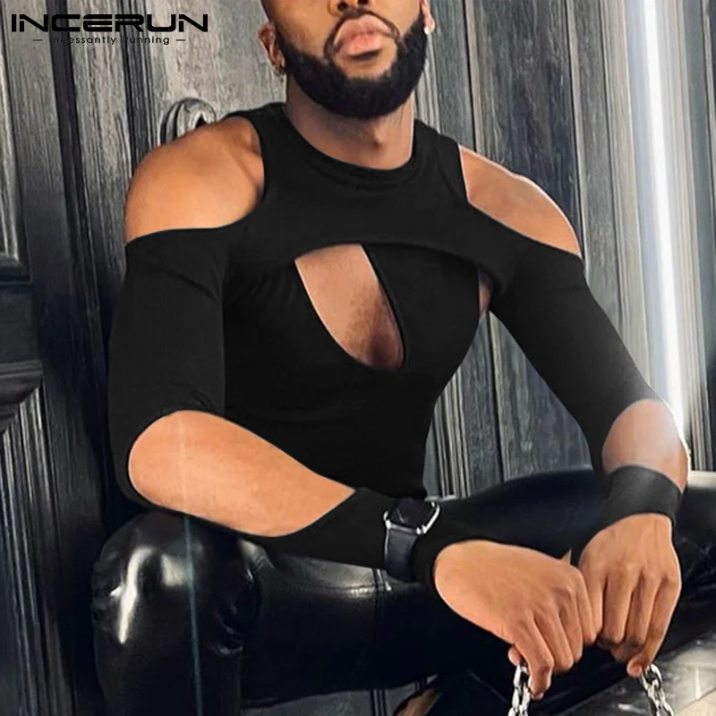 

Футболка INCERUN мужская с открытыми плечами, однотонная Асимметричная рубашка с длинным рукавом, пикантная повседневная одежда, 2 предмета, 2022