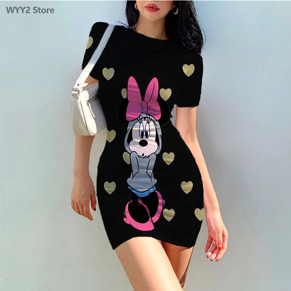 

Casual Summer Hot Disney Minnie Print Creative Spice Girl Dress Skinny Short Sleeve Party Ladies Dress Fashion Women