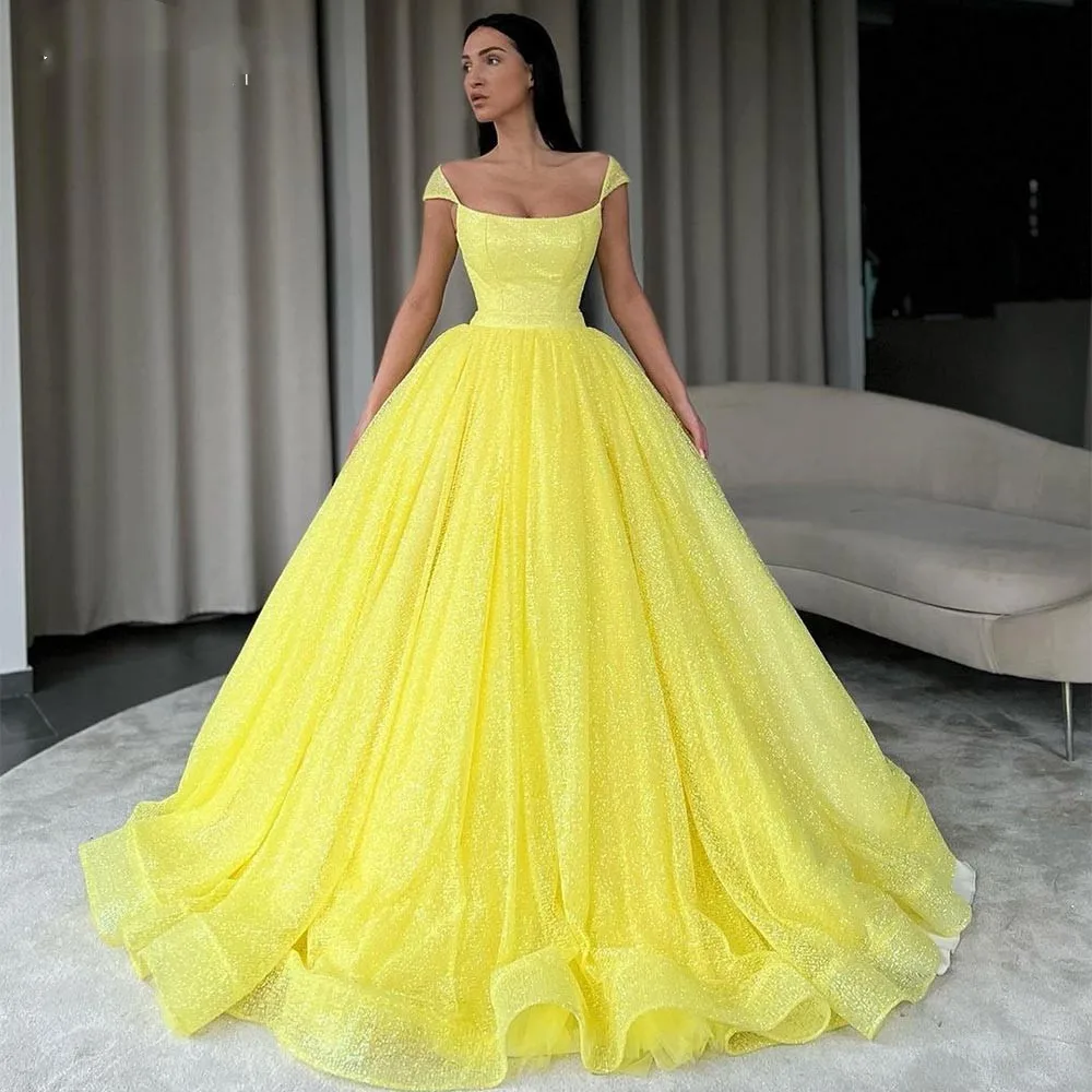 

Блестящее желтое Тюлевое платье для выпускного вечера, Длинные вечерние платья-трапеции с рукавами-крылышками и квадратным вырезом, индивидуальное изготовление