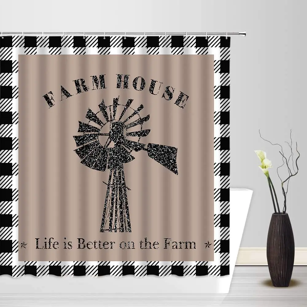 

Farmhouse Windmill Shower Curtain Rustic Sawyer Mill Charcoal Feed Vintage Pattern Fabric Bathroom Decor Hook Windmill Livestock