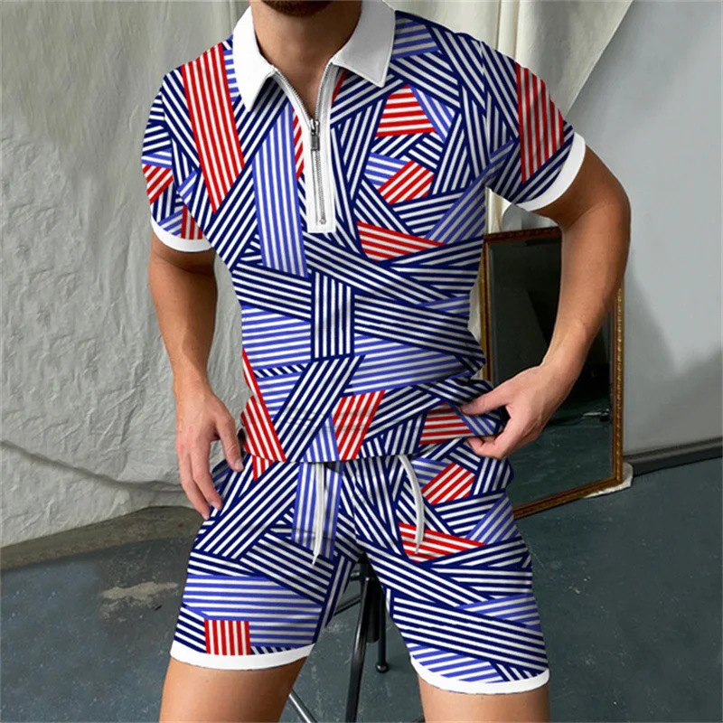 2023 New 3D Polo Shirt For Men Brand Tracksuit Summer Suit Trousers And Shirt Man Luxury T-shirt Fashion Stripe Printed Set
