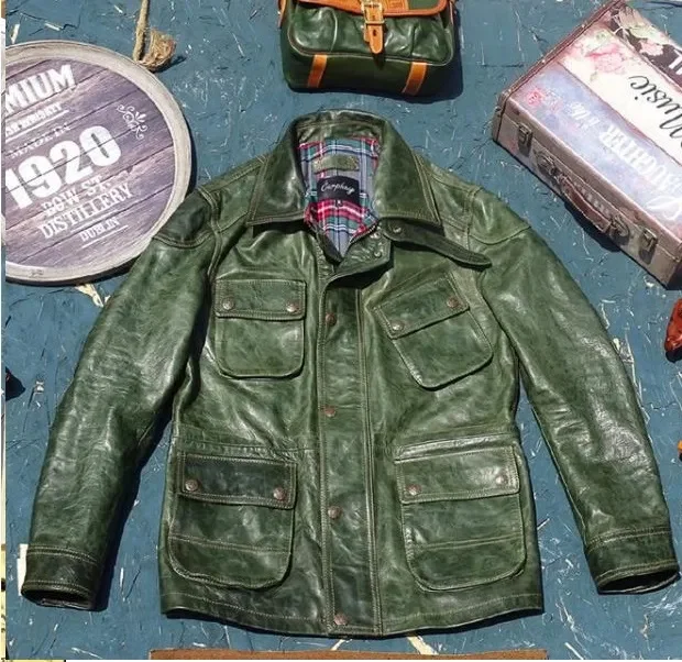 

YR!Free shipping.US style vintage green M65 genuine jacket.Men quality hunting horsehide coat.plus size leather cloth