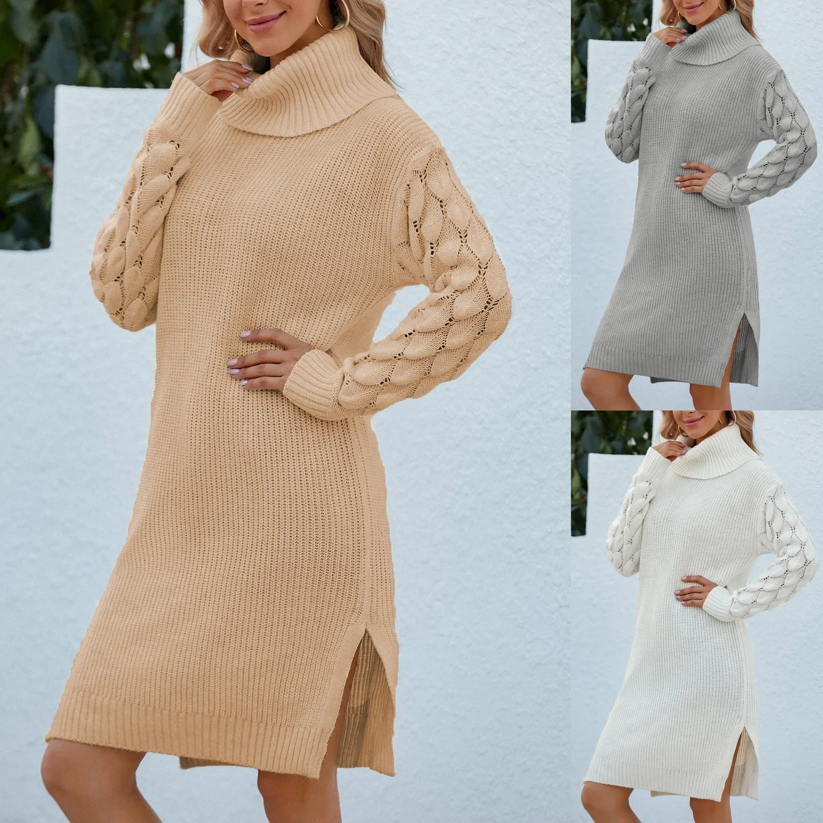 

2022 New Knitted Bodycon Dress Fairy Grunge Casual Fashion Streetwear Women Autumn Y2k Solid O-neck Long Sleeve Knee Dresses