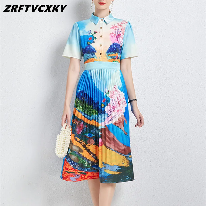 

Luxury Landscape Floral Print Pleated Dresses For Women Elegant Fashion Lapel Collar Single Breasted Lady Party Long Dress Robes
