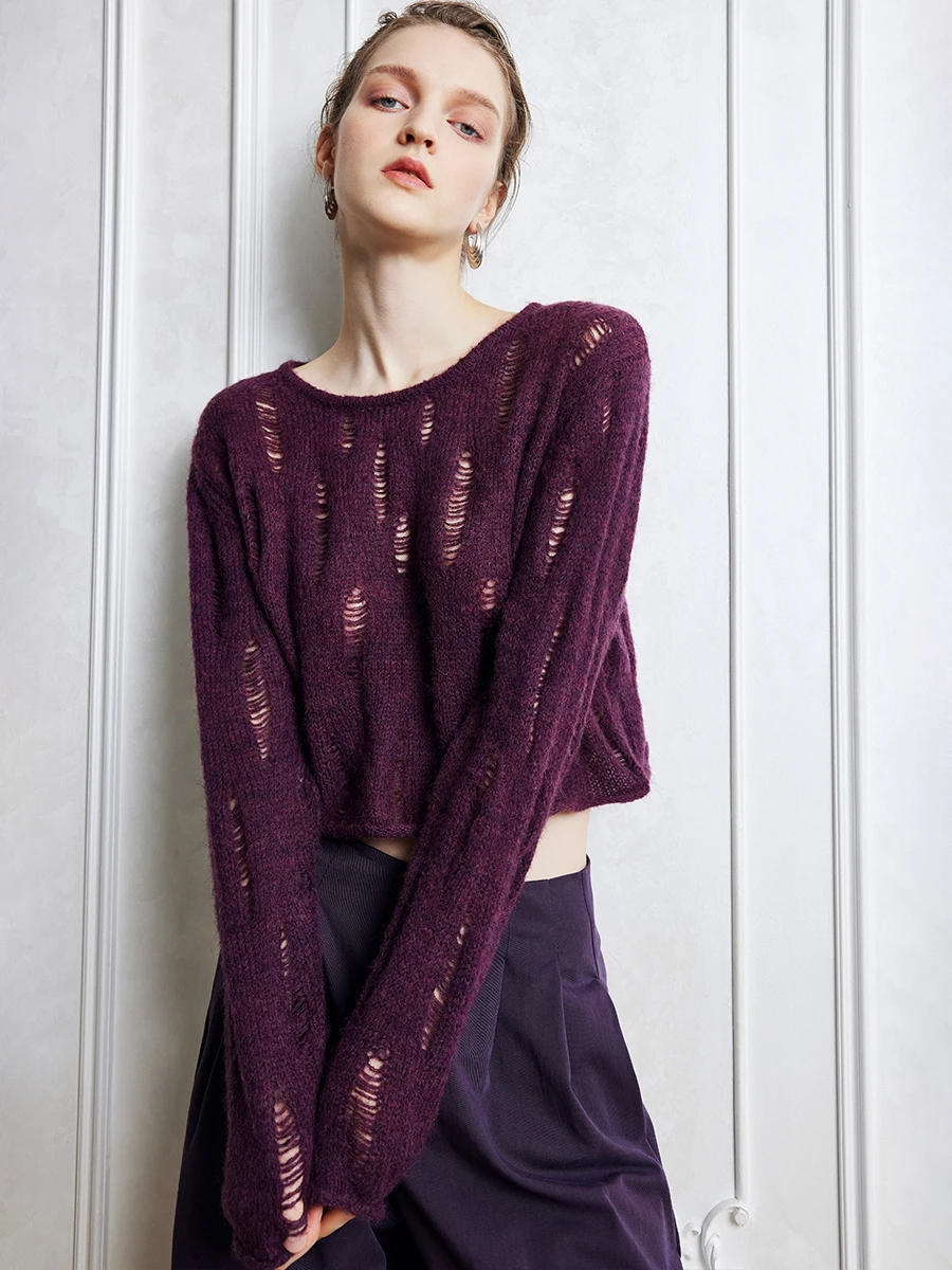 Oz Kingdom Повседневный свободный вязаный свитер двух цветов с отверстиями из