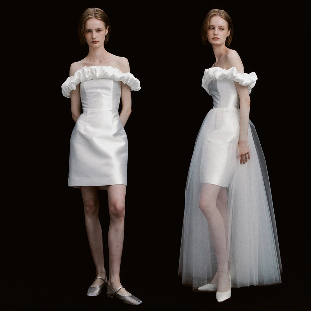 Модное атласное свадебное платье с вырезом лодочкой и открытыми плечами