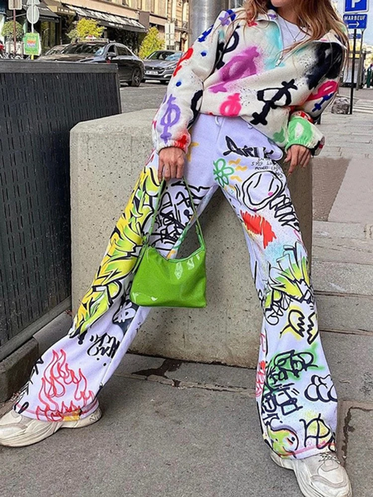 

Women High Waist Loose Pants Print Elastic Waist Full Length Casual Pants Ladies Streetwear Lace-Up Hip Hop Pants Female