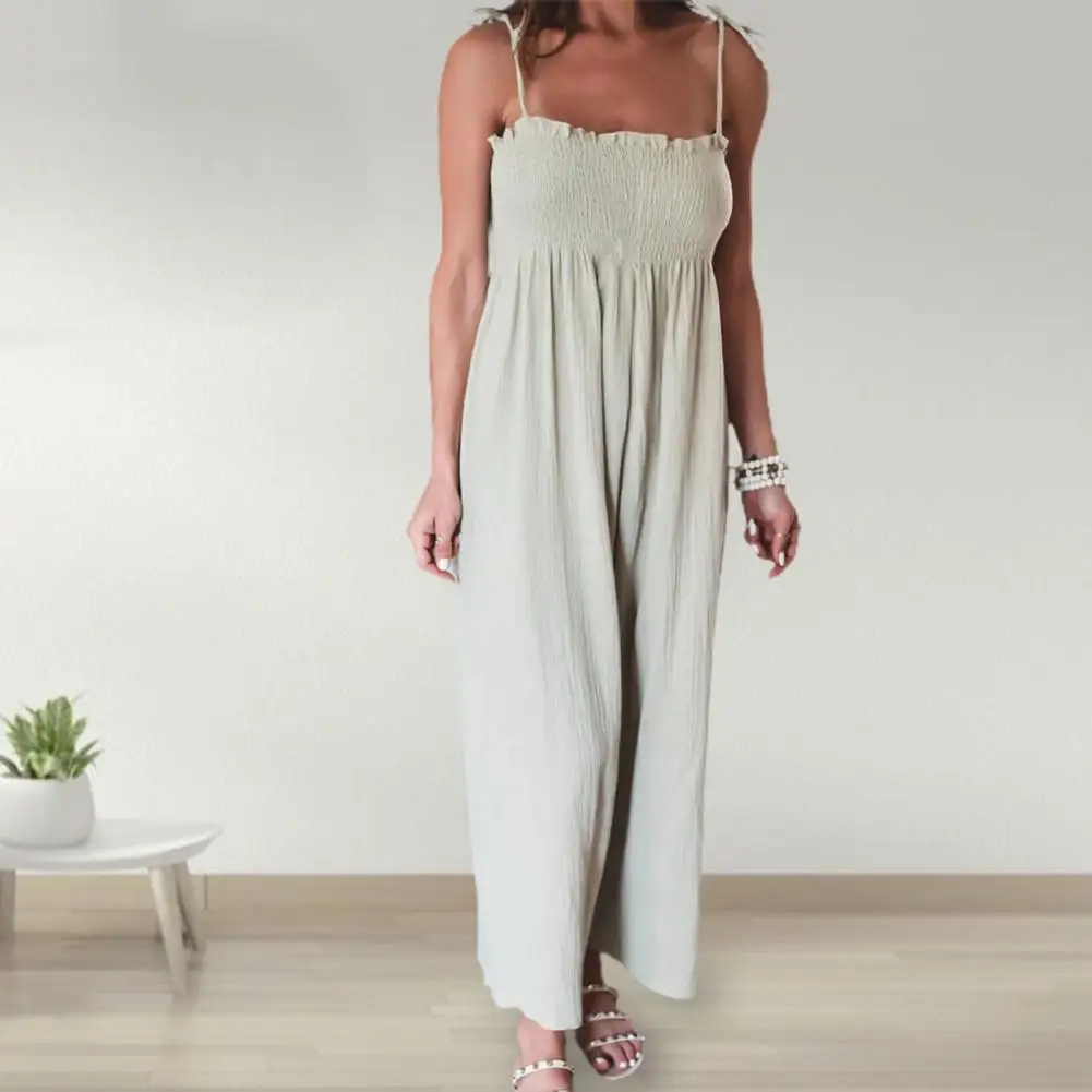

Popular Women Jumpsuit Ruffle Trim Soft-touching Lightweight Summer Adjustable Spaghetti Strap Ruched Romper