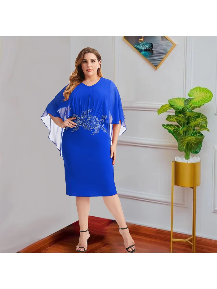 Summer temperament slim foreign trade large size women's solid color V-neck chiffon red knitted dress plus size dresses
