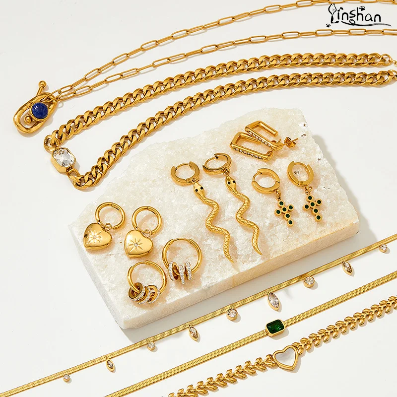 

LinShan Stainless Steel Ornament Set Wholesale Love Shell Bracelet Serpentine Earrings Cuban Chain Zircon Necklace Drop Shipping