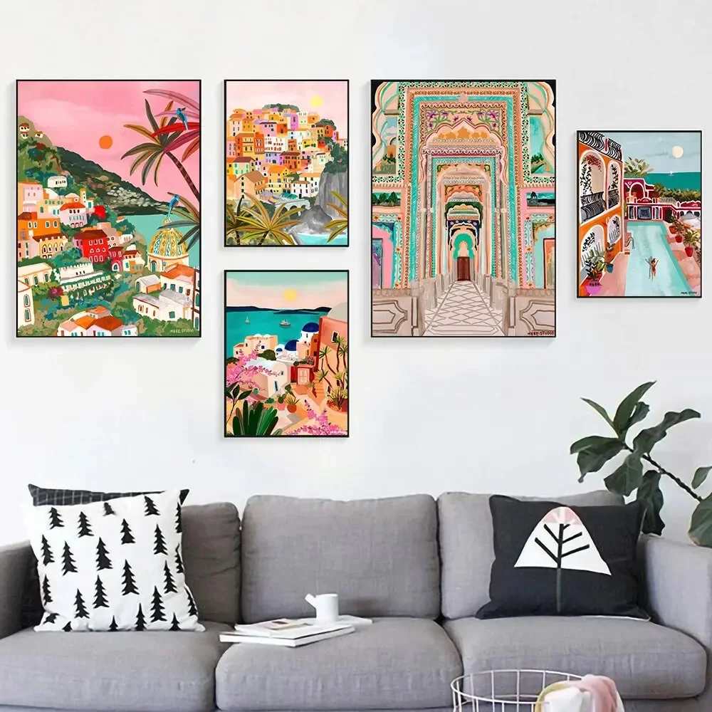 Patrika ворота индийский Пейзаж Плакат Италия Греция Бали плавающий рынок Тайланд