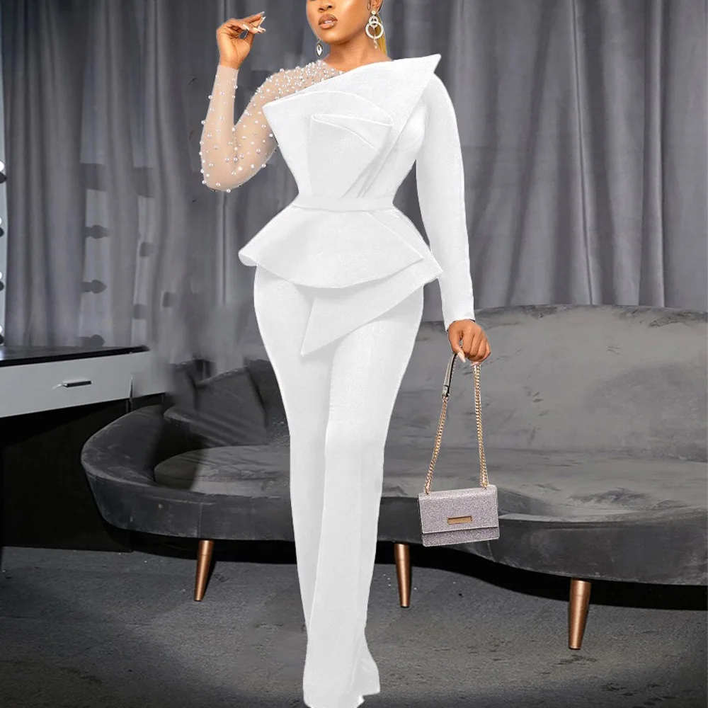 

Elegant Jumpsuits & Rompers for Women Round Neck Full Sleeve Beaded High Waisted Luxury Birthday Party Dinner Overalls Clothes