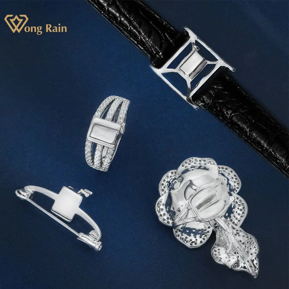 

Wong Rain 100% 925 Sterling Silver Lab Sapphire Gemstone Ring Brooch Bracelet Bangles Necklace Multi-purpose Flower Fine Jewelry