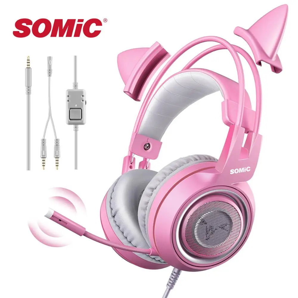 SOMIC-auriculares Kawaii con cable para Gamer, cascos con orejas de gato rosas, 3,5mm, bonitos, para PS5/PS4/PC/teléfono/XBOX/Switch G951s