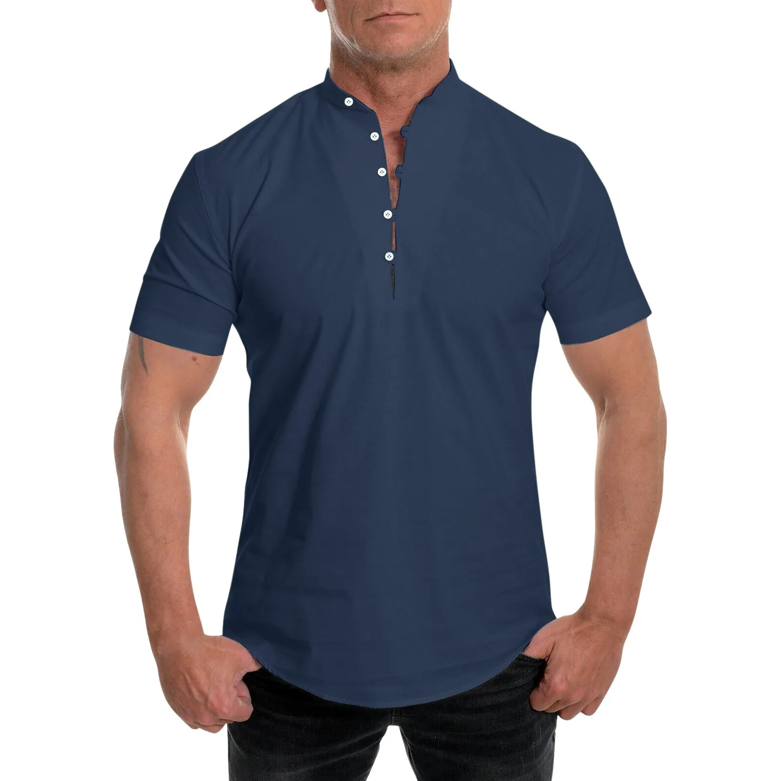 

Heart Shirt Men Summer Solid Stand Collar Short Sleeve Casual Loose Shirt Top Active Tees Men