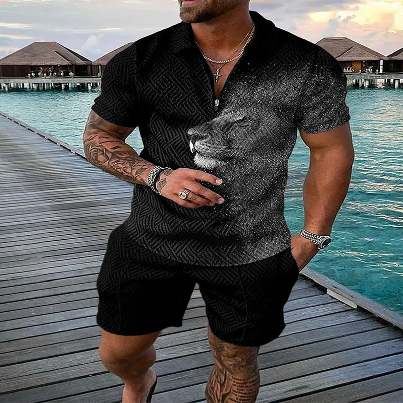 Men's Summer Street Clothing Casual Printed Suit Short Sleeve + Loose Shorts Men's Sports Fashion Gradient Color Suit