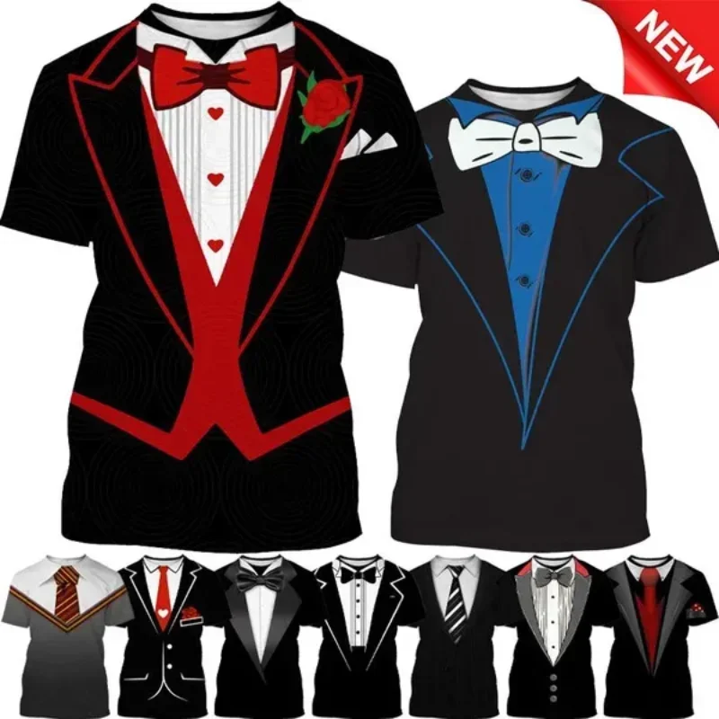 

Arrivals Bow Tie Three-Dimensional 3D Print T-shirt Funny Men Cloting Personality Tuxedo Retro Tie Suit Street Fake Suit Top Tee