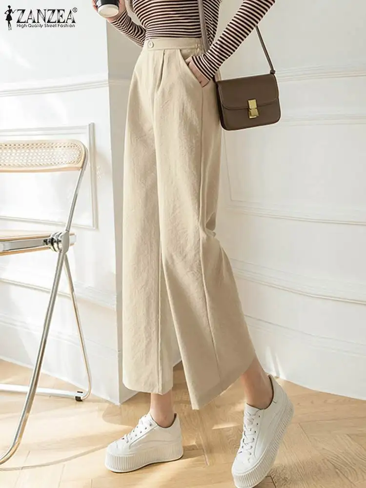 

Брюки ZANZEA женские с эластичной высокой талией, модные прямые длинные брюки с широкими штанинами, повседневные свободные однотонные, 2023