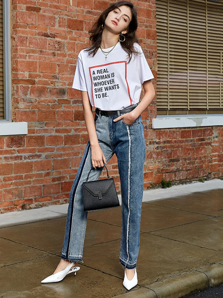 [EAM] женские джинсы с высокой талией и контрастной строчкой синие стильные брюки