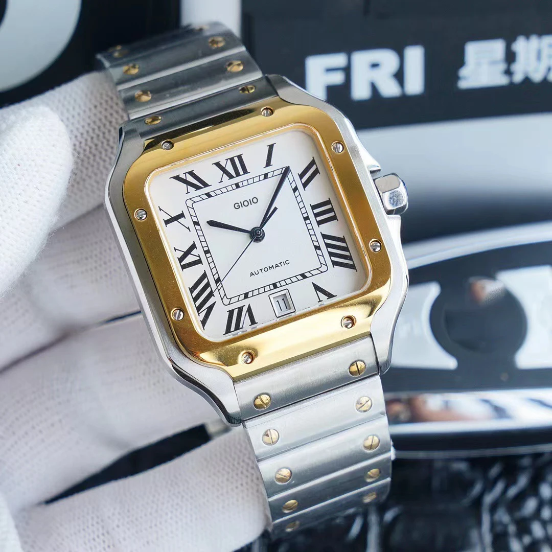 

mens watch automatic mechanical square watch gold white