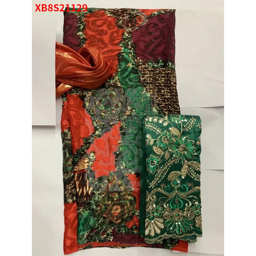 

New Design African Nigerian Three piece set 2Yards (scarf) + 3.65Yards (clothes) + 2Yards (skirt) Lace Party Dress XB8S21129