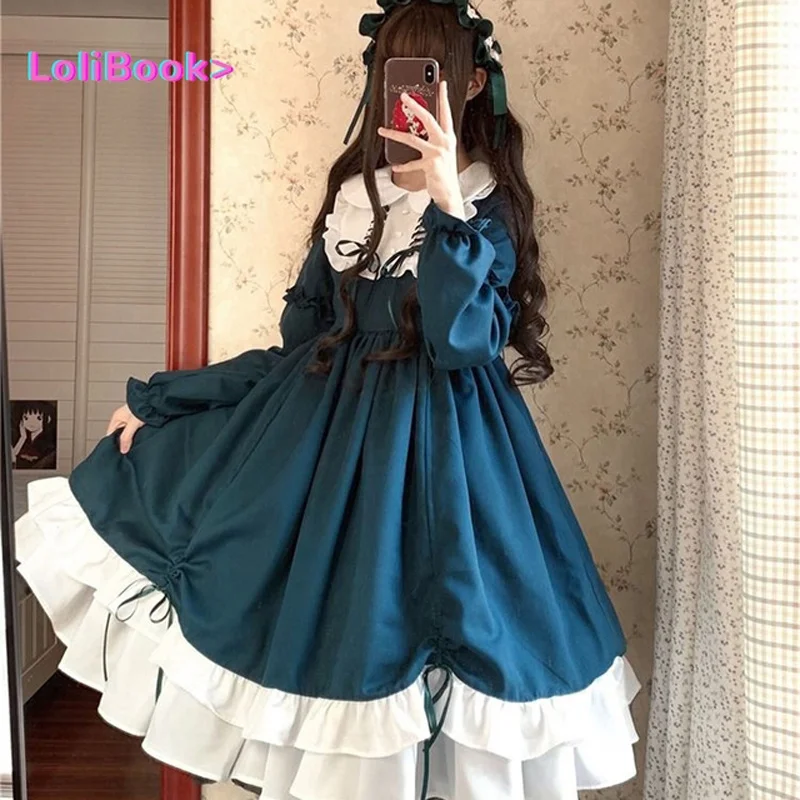 

Japanese Harajuku Long Sleeves Doll Teen party Dress Fairy Vestidos Cute Woen Lolita OP Dress Flouncing Lace Tri evening dress
