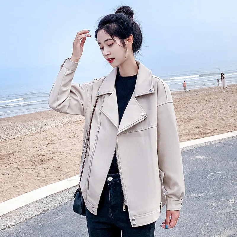 DUOFAN Faux Leather Jackets Woman Casual PU Motorcycle Black Coats Lapel Loose Ladies White Outerwear Jacket