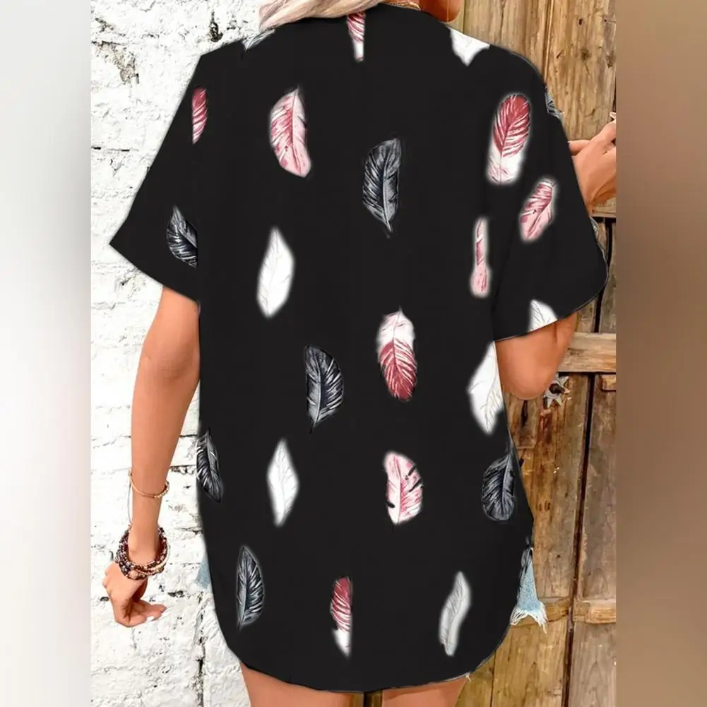 

Женская блузка с принтом перьев, летняя рубашка с отложным воротником, стильная блузка с V-образным вырезом для офисного стиля, мягкий дышащий женский летний топ
