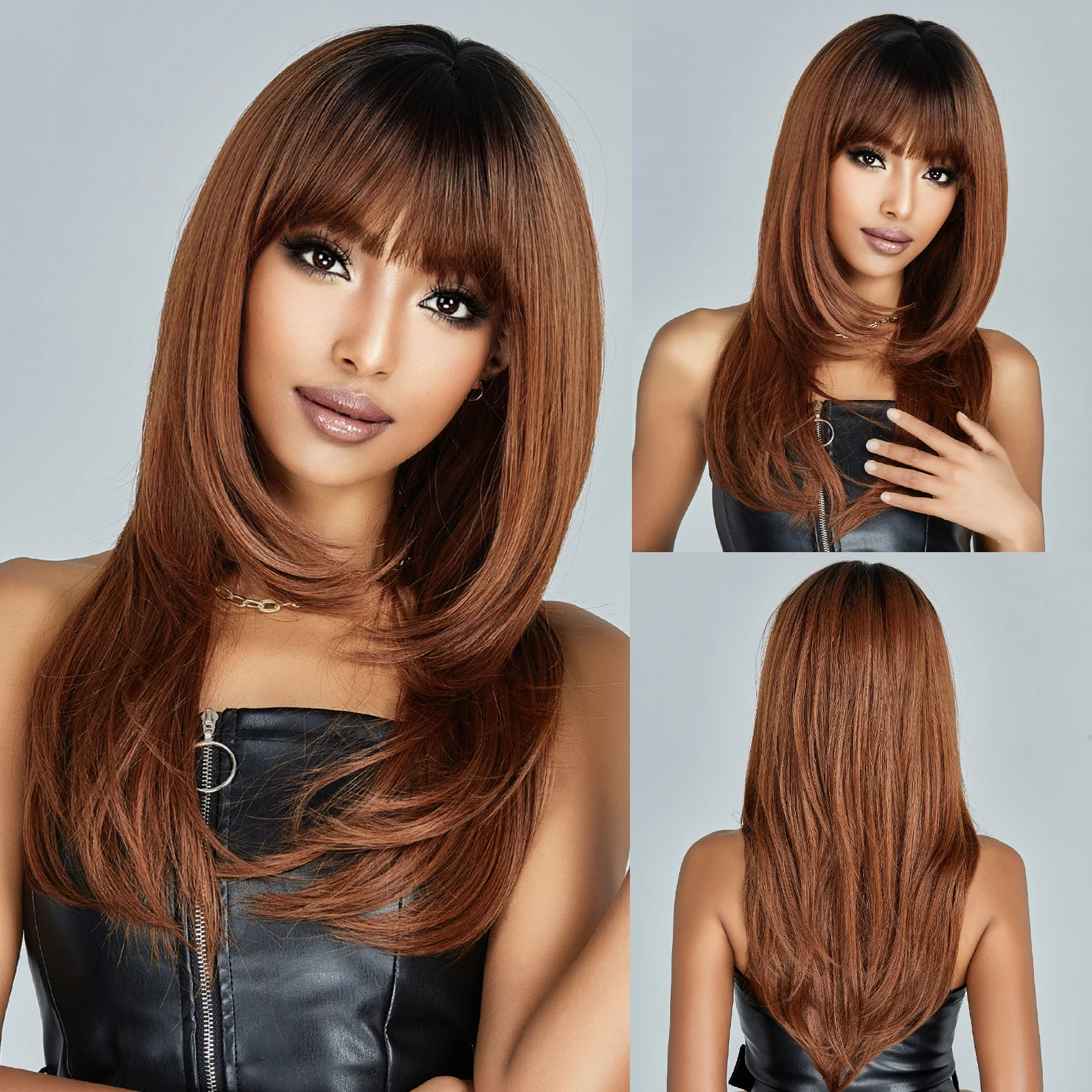 

Brown Copper Long Layered Straight Synthetic Wigs Dark Root Daily Wig with Bangs for Women African Party Hair Heat Resistant