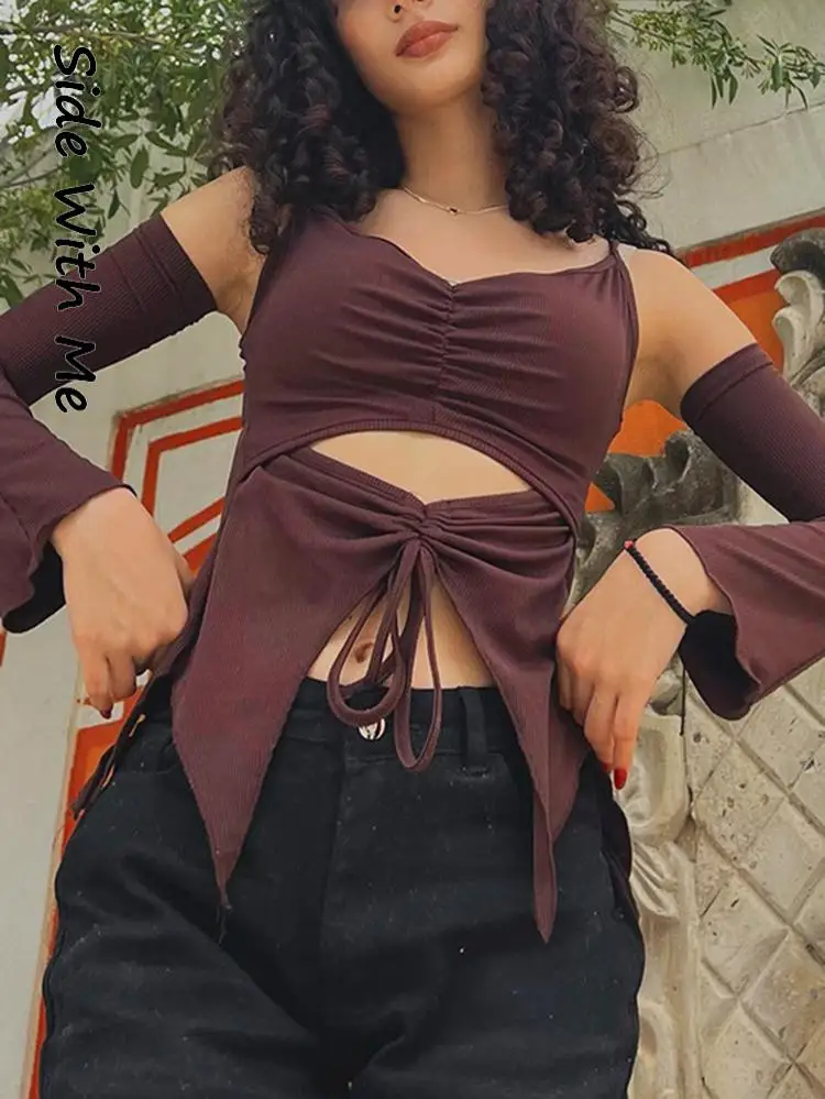 

Side with Me Long Sleeve Cut Out Sexy Women's T-Shirts 2022 Summer Backless Lacing Off Shoulder Casual Party Woman Crop Top