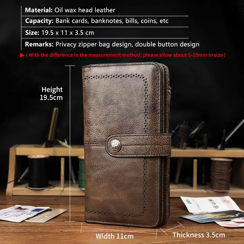 Large Capacity Men Clutch Wallet Handbag Genuine Leather Card Slot Phone Holder Zipper Coin Purse Portable Long Wallet Money Bag