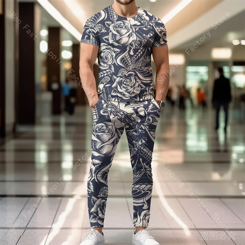 Men Summer T Shirt Pants Sets Tracksuits Sweatpants Men's Print Clothing Sportswear Tops Trousers Outfits Oversized T-shirts Set