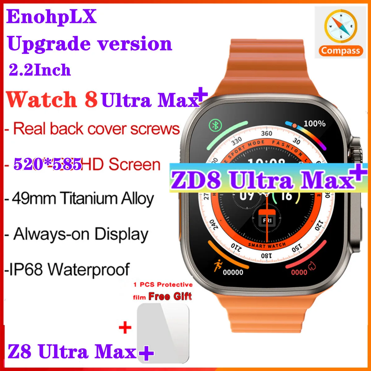 

Wholesale New ZD8 Ultra Max+ Plus Smart Watch Series 8 49mm Case 2.2" Screen Bluetooth Call NFC ECG Men 1:1 Compass Smartwatch